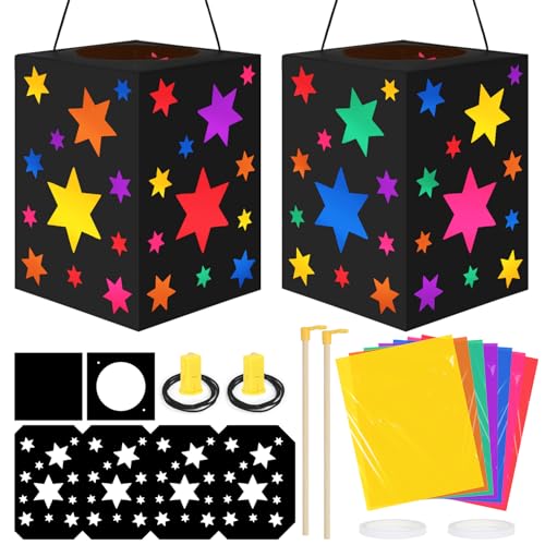 Sprinlot Laternen Bastelsets Kinder, 2 Stück Sterne Laternen ca 14 x 20 cm mit Dekorative Lichter, Martins Laterne Bastelset, Geschenk Laternenfest Jungen Mädchen