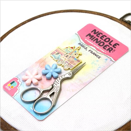 Image of Awesome Pattern Studio Needle Minder Set - Paris Magnetic Needle Minder + 2 Needle Threaders + Crane Scissors. Enamel Pin for Cross Stitch, Embroidery and Craft