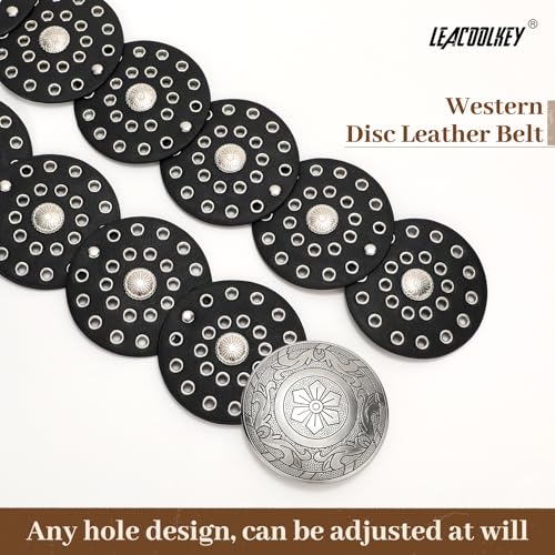 Image of LEACOOLKEY Women's Boho Disc Belt Wide Western Leather Belt Vintage Concho Waist Belts for Dress Jeans