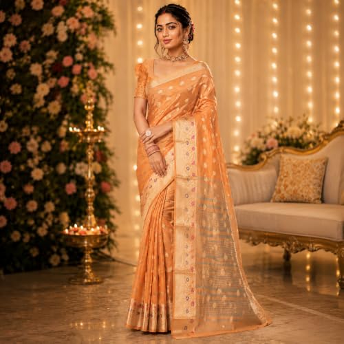 Image of Sarees for Women Wear Organza Silk Banarasi Sari Kanjivaram Pure Paithani Wedding Original Kanchipuram Pattu Sadi with Blouse Piece 2026 (KeriFlower)