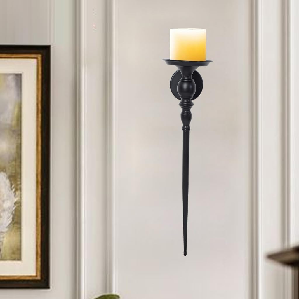 2Pcs Black Metal Wall Candle Sconces with Scepter Detail for Stylish Room Decors