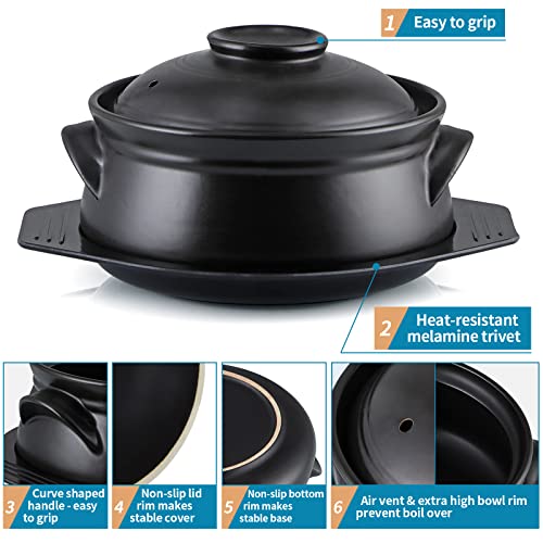 Sanbege Large Korean Ceramic Bowl With Lid And Trivet, 54 Oz Sizzling Hot Pot With Double Handles For Cooking And Serving Dolsot Bibimbap, Soup, Rice, Stew, Casserole, Noodle #TOP3
