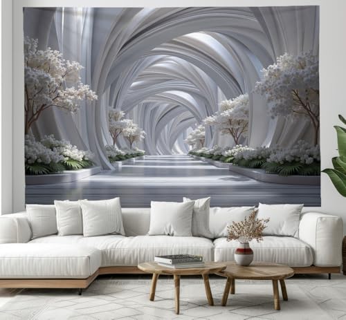 Tenture murale 180x230cm tapisserie esthétique blanc motif fleurs et arbres