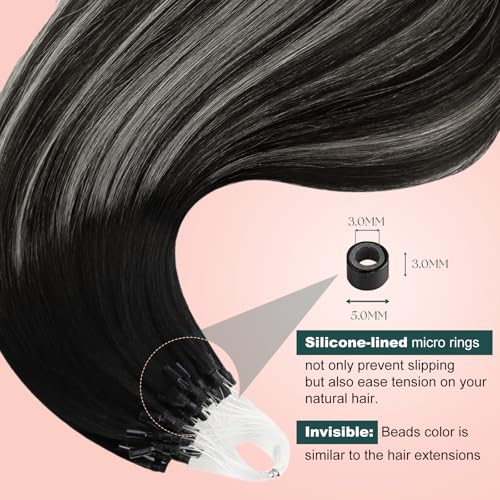 Image of Easyouth 18In Micro Loop Hair Extensions Real Human Hair Ombre, Lightweight | Micro Ring Hair Extensions Human Hair, Black Ombre Silver with Off Black Balayage, 57g 50s, for Women, for Photoshoots
