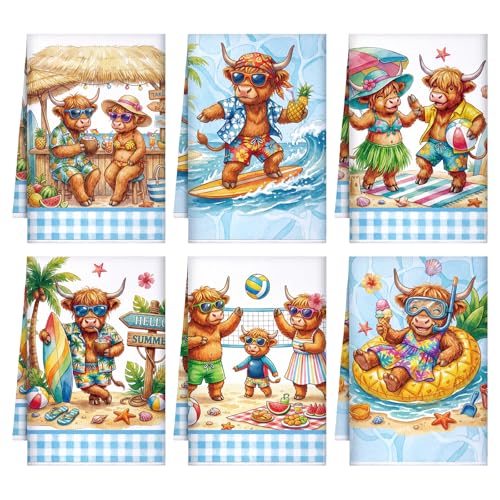 Image of Bencailor 6 Pcs Summer Sea Highland Cow Kitchen Towels Decorative Sets Dish Tea Towels Absorbent Hand Vintage Hanging Reusable Cleaning Dishcloths for Cooking Farmhouse Bathroom Accessory