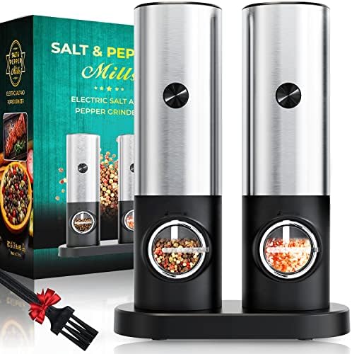 Electric Pepper and Salt Grinder Set, Adjustable Coarseness, Battery Powered with LED Light and Storage Base, One Hand Automatic Operation, Stainless Steel, 2 Pack