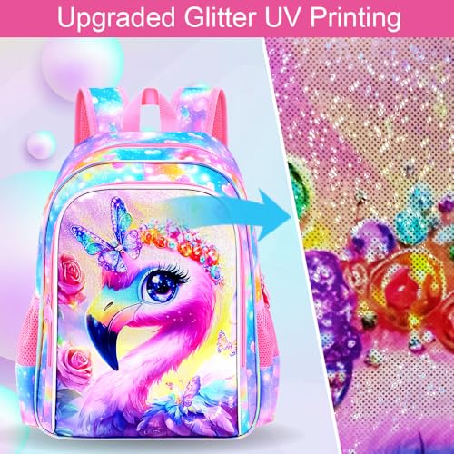 Image of 16 inch Flamingo Backpack for Girls, 3Pcs School Bookbag Set with Lunch Box, Kids Backpacks for Elementary Preschool Kindergarten (Rainbow)