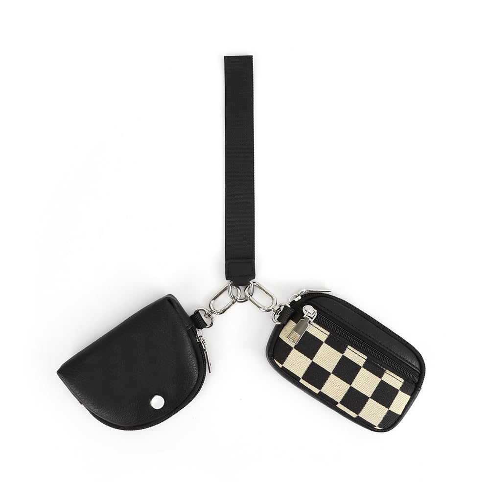 Checkered Wristlet Wallets for Women Checkerboard Dual Pouch Keychain Wristlet Coin Purse with Card Holder