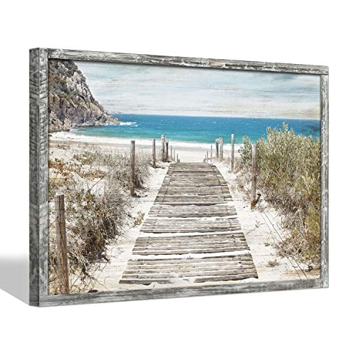 Coastal Picture Framed Wall Art - Beach Print Ocean Seascape Artwork Sand Boardwalk Painting on Wooden Pallet for Home Decor 45 x 30 Inches