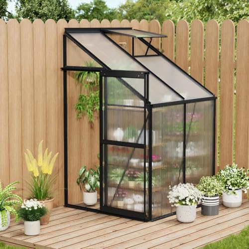 4x4 ft Walk-in Greenhouse Kit Polycarbonate Outdoor Plant Shelter with Adjustable Roof Vent & Sliding Door Sturdy Aluminum-Steel Frame Green House Kit for Patio Backyard Garden Black