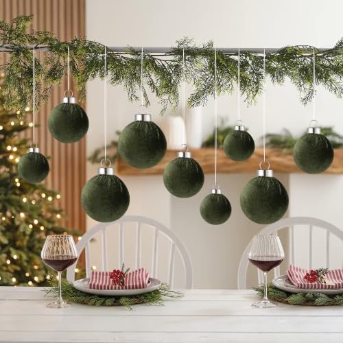 Velvet Christmas Ball Ornaments - 30pcs Flocked Christmas Ornaments Set Shatterproof Classic Hanging Xmas Tree Decorations with Rope for Wreath Holiday Home Decor (Dark Green) - image 6