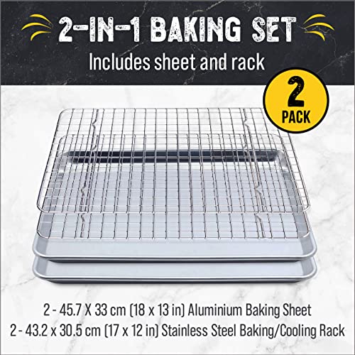 Checkered Chef Baking Sheets For Oven - Half Sheet Pan With Stainless Steel Wire Rack Set 2-Pack - Easy Clean Cookie Sheets, Aluminum Bakeware #TOP1