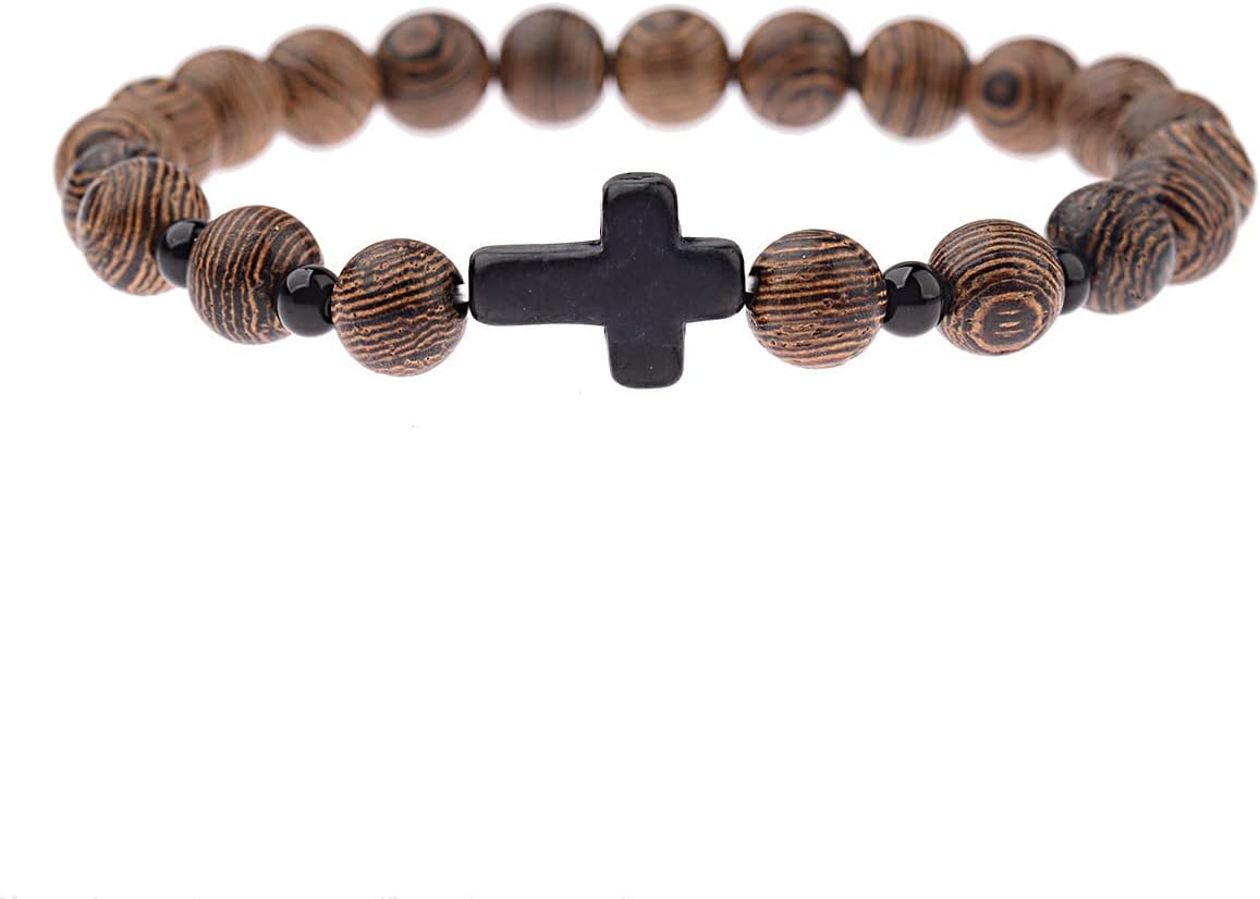 COLORFUL BLING Wood Beaded Cross Stretch Rosary Bracelet for Men First Communion Religious Cross Statement Wrist Bangle Faith Prayer Jewelry