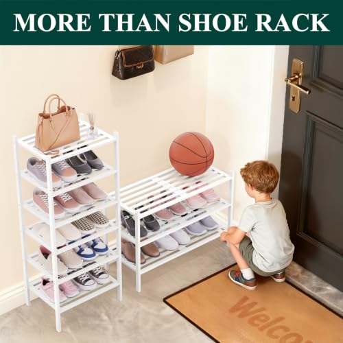 Smiry Bamboo Shoe Rack, 5 Horizontal Slats, 2 Tier - 17.3 Wide, White