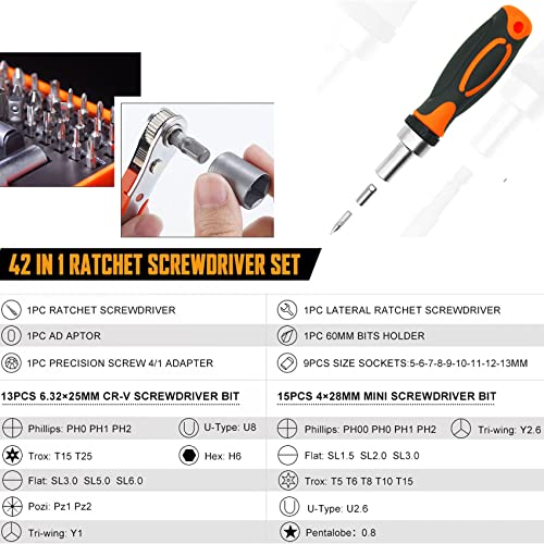 Ratcheting Screwdriver Set Toolmak Screwdriver 42 In 1 Ratchet Wrench Set, With Rotatable Ratchet Handles ＆ Storage Case, Household Repair Tool Kits For Bike #TOP1