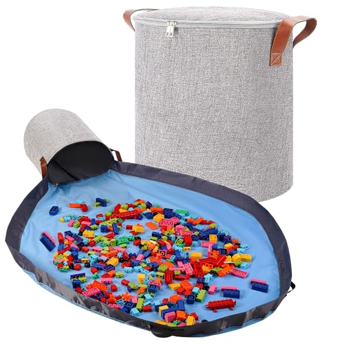 SAM AND MABEL XXL Toy Storage Organizer with Play Mat – 15' x 15' x 16' Storage Bin for Kids Playroom, Foldable Fabric Bag and Basket for Nursery (Gray)