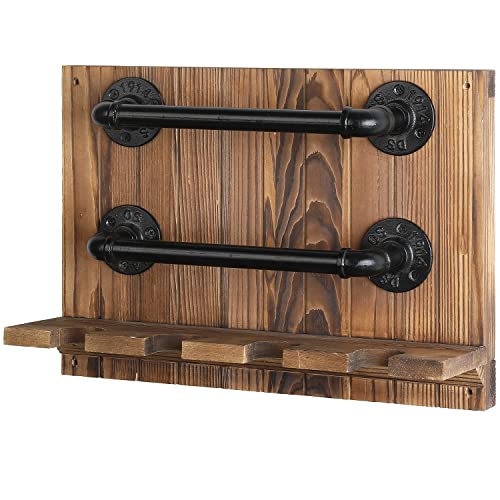 Mygift Wall Mounted Baseball And Bat Display Rack With Rustic Burnt Solid Wood And 2-Tier Industrial Black Metal Pipe Storage Rails #TOP5