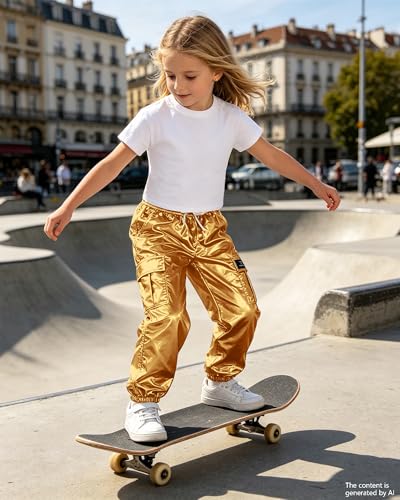 Image of SANGTREE Girls Shiny Hip Hop Outfits,Crop Top Cargo Joggers,4T‑14Y