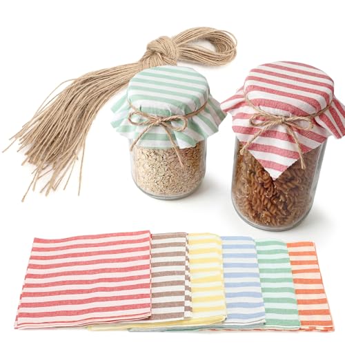 60 Pcs Cotton Mason Jar Covers with Jute Twine 6 Color 6.7 Striped Mason Jar Cloth Lid Fabric Striped Bowl Sleeve Covers with Jute Rope Reusable Breathable Lid for Wedding Canning Gift Storage