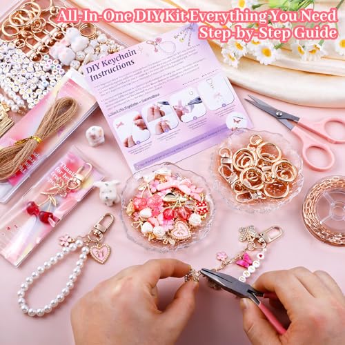 Image of Wurosi 680 Pcs Keychain Making Kits, Pink DIY Bag Charm Kit, 78.74 Inch Chains, Key Chain Hooks, Jump Rings, Lobster Clasps, 225 Charms & Letter, Tools, Great for a Custom Gift, Party, or Family Activ