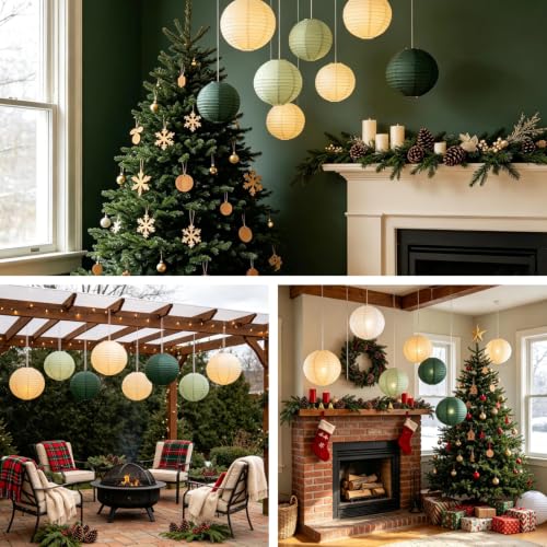 Image of Boho Chinese Paper Lanterns LED Lights, 10-Pack 10inch | Hanging Lights in Cream, Sage & Forest Green for Garden Party, Boho Wedding, Birthday Decorations & Home Party