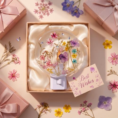 Image of Glooglitter Pressed Flower Night Light Plug in-Handmade Dried Floral Wall Night Light, Glow Decorative Nightlight for Hallway Bedroom Nursery Bathroom, Vintage Botanical (Purple, Wildflowers)