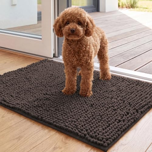 Image of H.VERSAILTEX Dog Door Mat for Muddy Paws Absorbent Dirt Trapper Non Slip Quick Dry Washable Chenille Mats for Dogs Entry Rug for Indoor Outdoor (Chocolate, 17 inch x 24 inch)