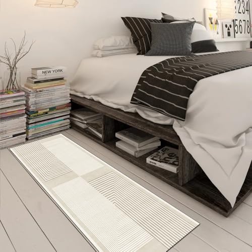 Alfombra para pasillo beige de 100 x 200 cm moderna y lavable 3