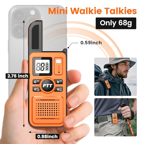 Image of Super Mini Walkie Talkies with Earpiece, Portable 2 Way Radios | Clear Audio, LED Display, 22 Channels, 2KM Range, Walkie Talkies for Cruise Ship, Hiking, Travel, Outdoor, Baseball, Orange