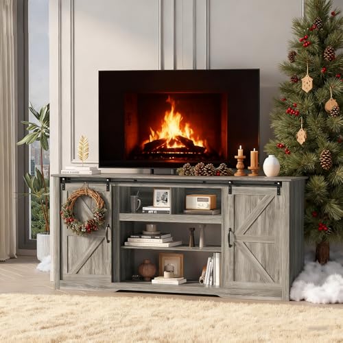 GarveeHome 70" Farmhouse TV Stands for 80-85" TVs, Rustic Wooden Entertainment Center with Adjustable Shelves & Sliding Barn Door, TV Console Table wi