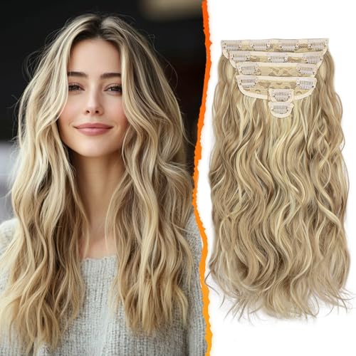 BARSDAR Clip en Extensiones de Cabello, 40cm Ondulado Clips Extensión de Pelo Rubio para Mujer 6 Piezas Rizado Natural Sintético Clip en Postizo Cabello Extensiones - Rubio Ceniza Claro Mezcla