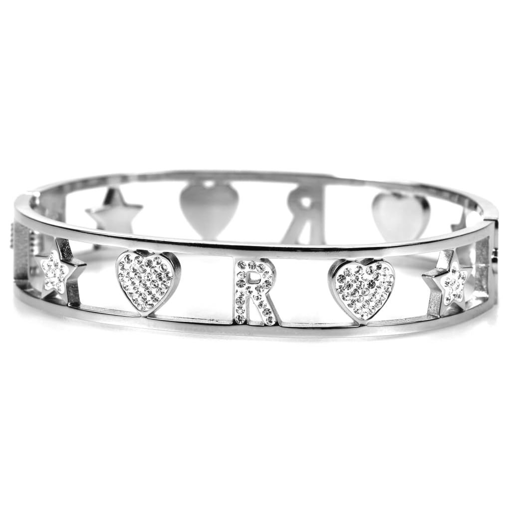 Flowers Bracciale Rigido a Manetta Interamente in Acciaio e zirconcini con Lettera Iniziale Nome e cuori Colorazioni Oro e Argento