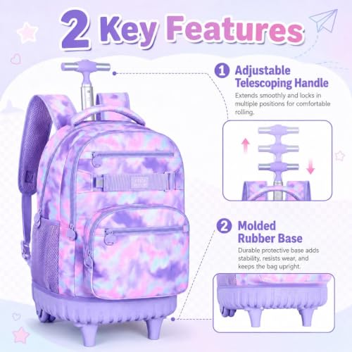 Image of 3Pcs Rolling Backpack for Girls Women, Travel Roller Backpacks with Wheels for Adults, Teens College Tie-Dye Wheeled Bookbag with Lunch Box(Purple)