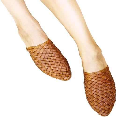 Women Mules Leather Sandals Woven Flat Mule Summer Shoes Slip-On Beach Indoor Footwear