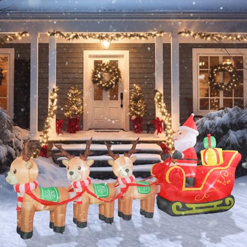 Taman 12 FT Christmas Inflatable Decorations Santa Claus on Sleigh with Reindeer Propeller Built-in Bright LED Light Blow Up for Yard Garden Lawn Outdoor Holiday Yard Decorations