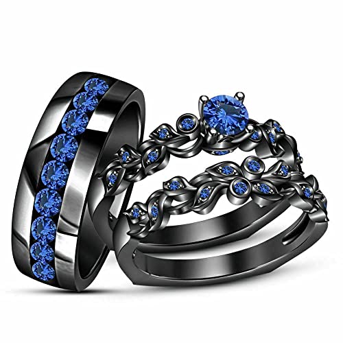 Ritika Created Round Cut Blue Sapphire 925 Sterling Silver 14K Black Gold Over Diamond Leaf Design Engagement Trio Ring Set for Him & Her