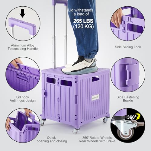 Image of Foldable Utility Cart Folding Portable Rolling Crate Handcart with Durable Heavy Duty Plastic Telescoping Handle Collapsible 4 Rotate Wheels for Travel Shopping Moving Luggage Office Use (Purple)