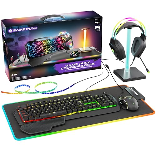 GAME PUNK 6-Piece Codebreakers RGB Gaming Bundle – Mechanical Keyboard, RGB Mouse & XL Mousepad USB Hub, Gaming Headset w/Stand, Light Strip – PC Game Accessories for Desktop & Laptop