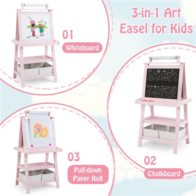 Image of GLACER All-in-One Double Sided Painting Easel for Kids with 2 Storage Bins, Paper Roll, Magnetic Whiteboard & Chalkboard, Gift for Boys & Girls (Pink)