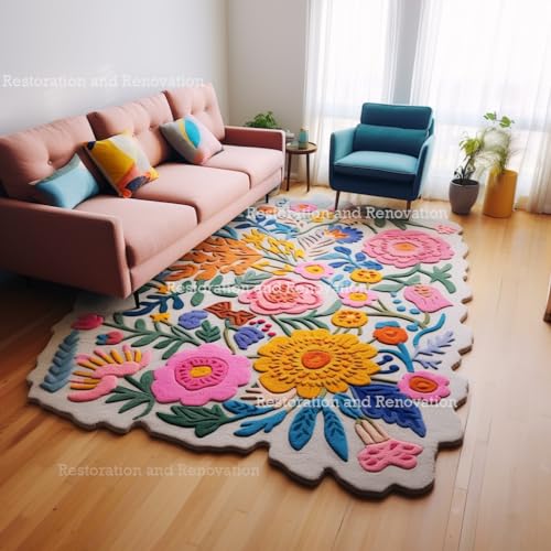 Image of Restoration and Renovation Handmade Wool Floral Area Rug for Living Room | Elegant Flower Garden Design, Soft, Thick and Durable | Bedroom, Dining Room & Home Decor Carpet (4' x 6', Floral H)