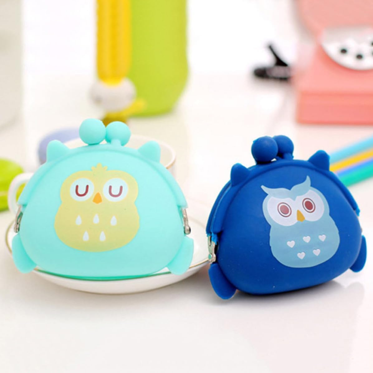Silicone Coin Purse Blue for Cards Kawaii Owl Mini Wallet Cash
