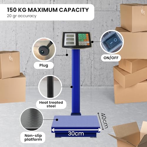 Industrielle Plattformwaage 150 kg. Zusammenklappbare Digital Waage mit LCD-Display. Stahlplattform 40x30cm. Interner Wiederaufladbarer Akku. Perfekt für Pakete, Lager, Geschäfte.