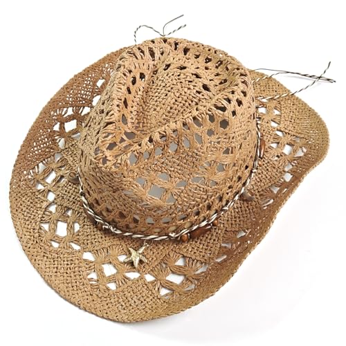 Straw Cowboy Hat for Women & Men Breathable Woven Sun hat with Decorative Band Adjustable fit UV Protection Perfect for Beach Festival Hiking Country Concerts (Dark Khaki)