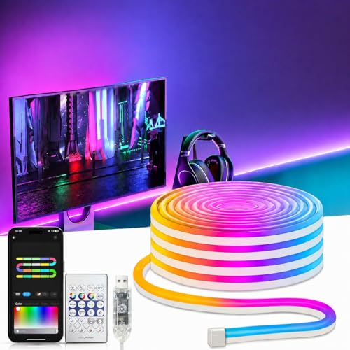 Image of RGB Neon LED Strip Lights 5M with App & Remote Control, Music Sync Color Changing LED Lights for Bedroom, Gaming Room, TV Backlight, Desk, Home Decor, USB Powered Flexible Mood Lighting