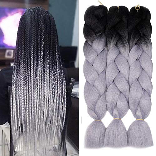 AIDUSA Ombre Colors Braiding Hair Ombre 3pcs Synthetic Braid Hair Extensions 24 Inch Three Tone Ombre Black to Gray Braids for Box Braids Senegal Twist Crochet Braids 100g (#28 Black to Grey）
