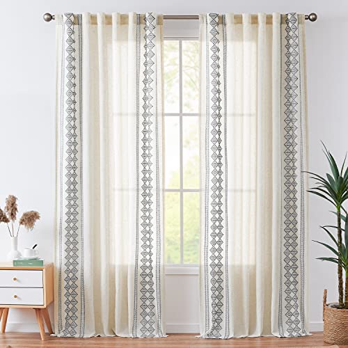 Jinchan Boho Curtains Linen Curtains Beige Farmhouse Curtains 84 Inches Long For Living Room Grey Square Embroidered Bordered Back Tab Bedroom Window Light Filtering Bohemian Curtains 2 Panels #TOP1