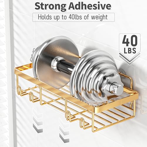 5 Pack Shower Caddy Organizer Rack Shelf for Inside Shower, Self Adhesive Wall Storage Basket Rustproof Stainless Steel Shampoo Holder Bathroom Accessory Decor Set, Gold - Image 5