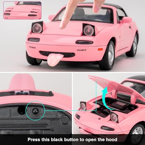 Image of 1:24 Mazda Miata MX-5 Pink Model Toy Car with Pullback, Removable Top, Blinking Lights with Sound and Bright Lights