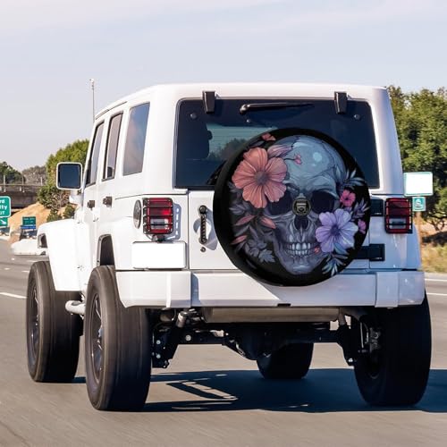 Image of Delerain Spare Tire Cover with Backup Camera Hole Skull with Pastel Flowers Wheel Covers Sun Protection Waterproof for Truck RV Trailer SUV and Many Vehicle (14 Inch for Diameter 23 inch-27 inch)
