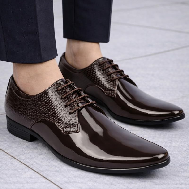 Image of FAUSTO Men's Patent Leather Shine Textured Pointed Toe Party Wedding Lace Up Derby Shoes